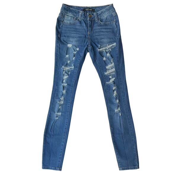 Wax Jean Women’s Waxed & Ripped Denim Mid Rise Skinny Jeans size 1, Blue - Picture 1 of 13